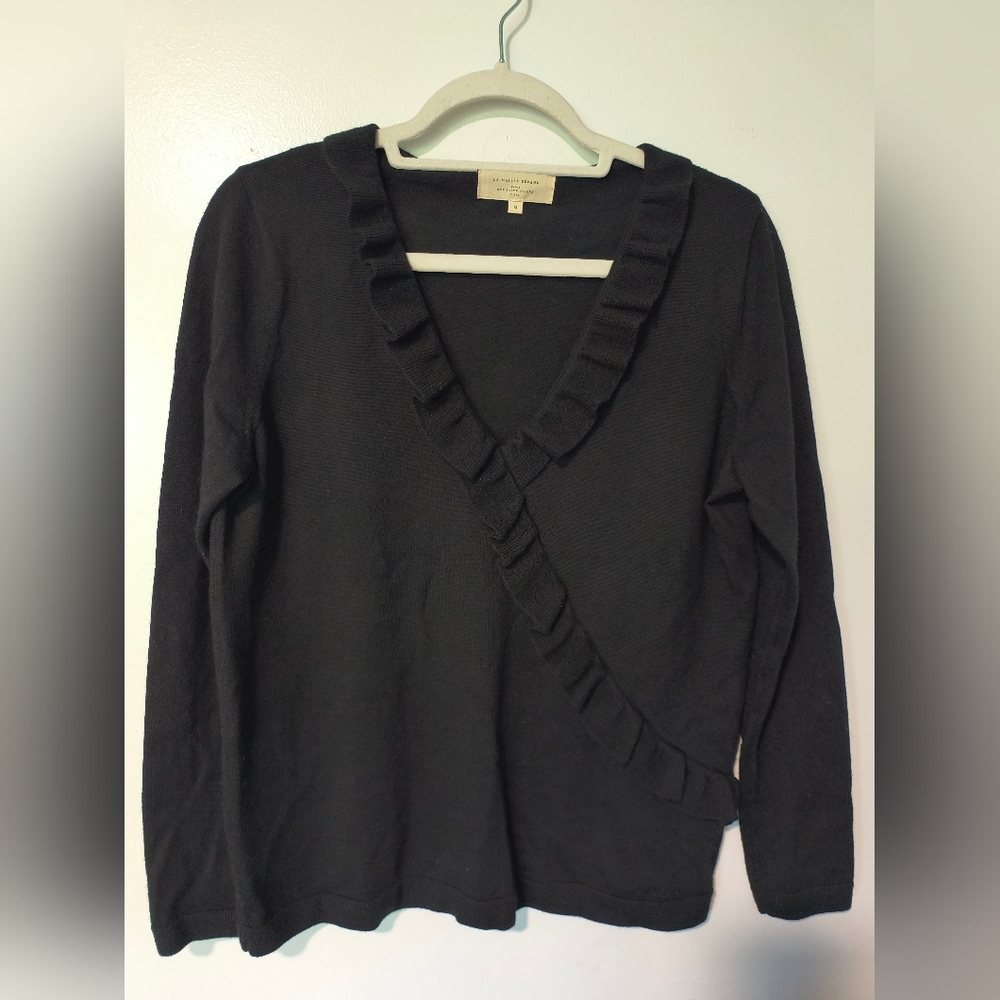 Sezane Kim Black Ruffled V-Neck Sweater Sz M